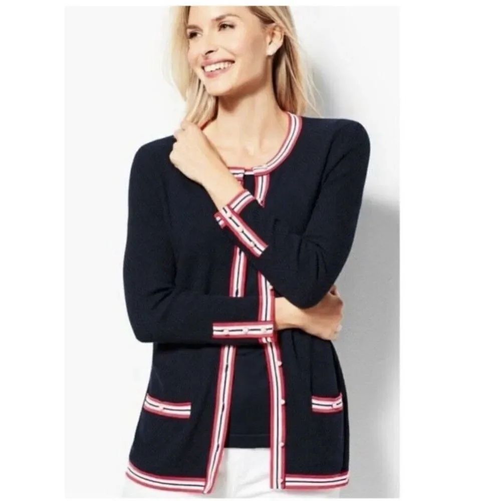 Talbots Women's Classic Navy Knit Red White Trim Cardigan Sweater Size S
